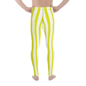 Yellow and White Striped Meggings, Best Yellow & White Stripes Men's Running Leggings & Run Tights Meggings-Made in USA/EU