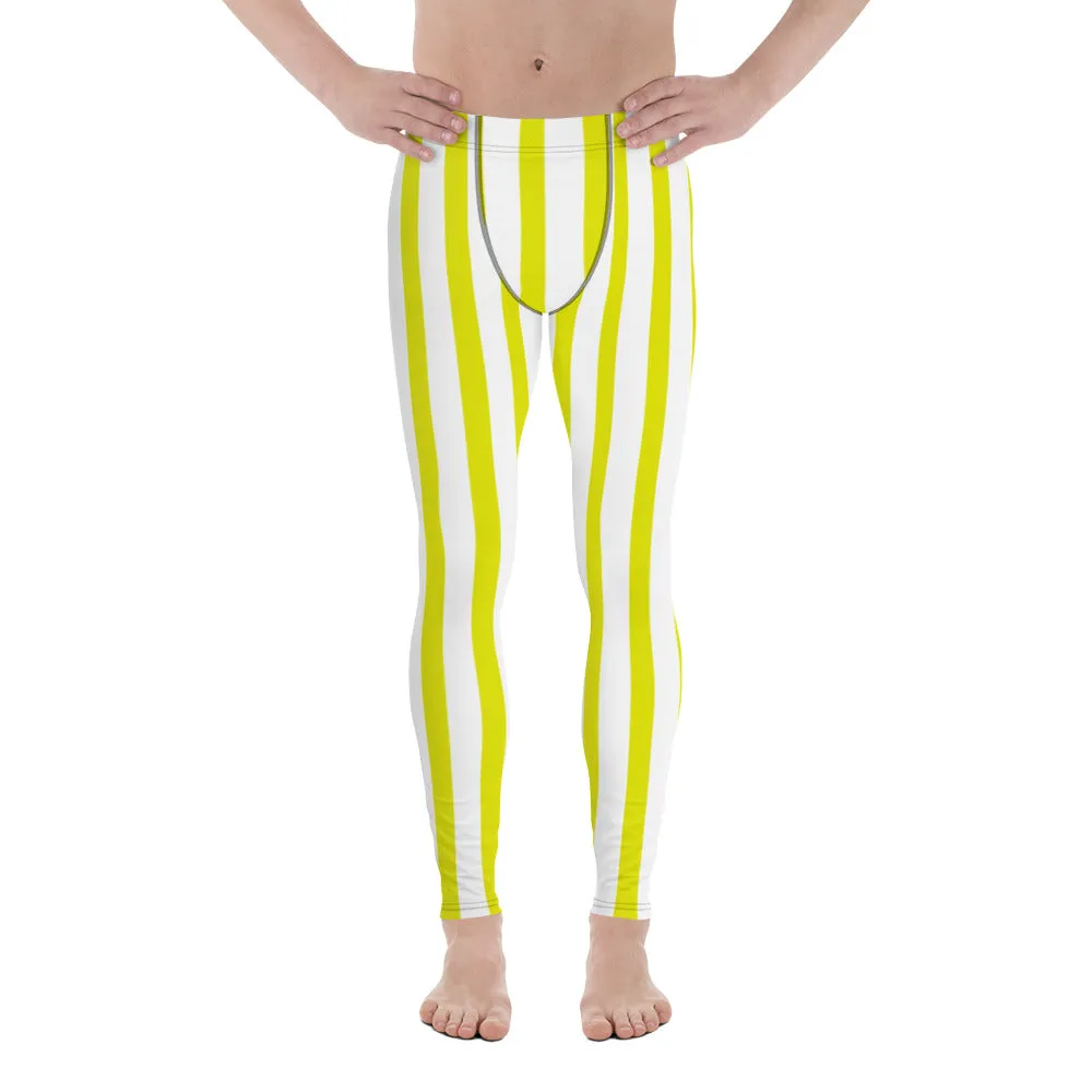 Yellow and White Striped Meggings, Best Yellow & White Stripes Men's Running Leggings & Run Tights Meggings-Made in USA/EU