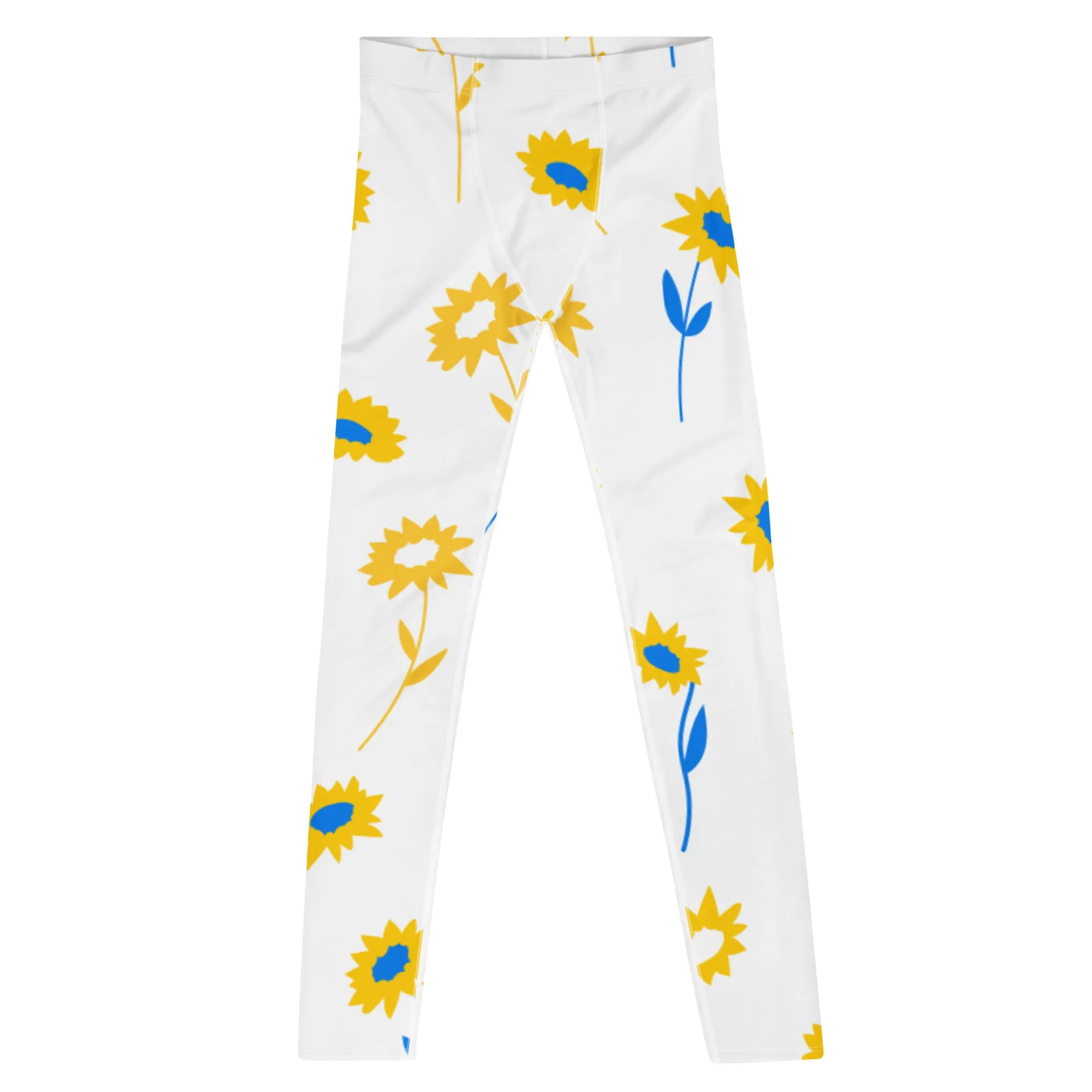 Yellow Blue Floral Men's Leggings, Flower Printed Designer Meggings Compression Tights-Made in USA/EU/MX