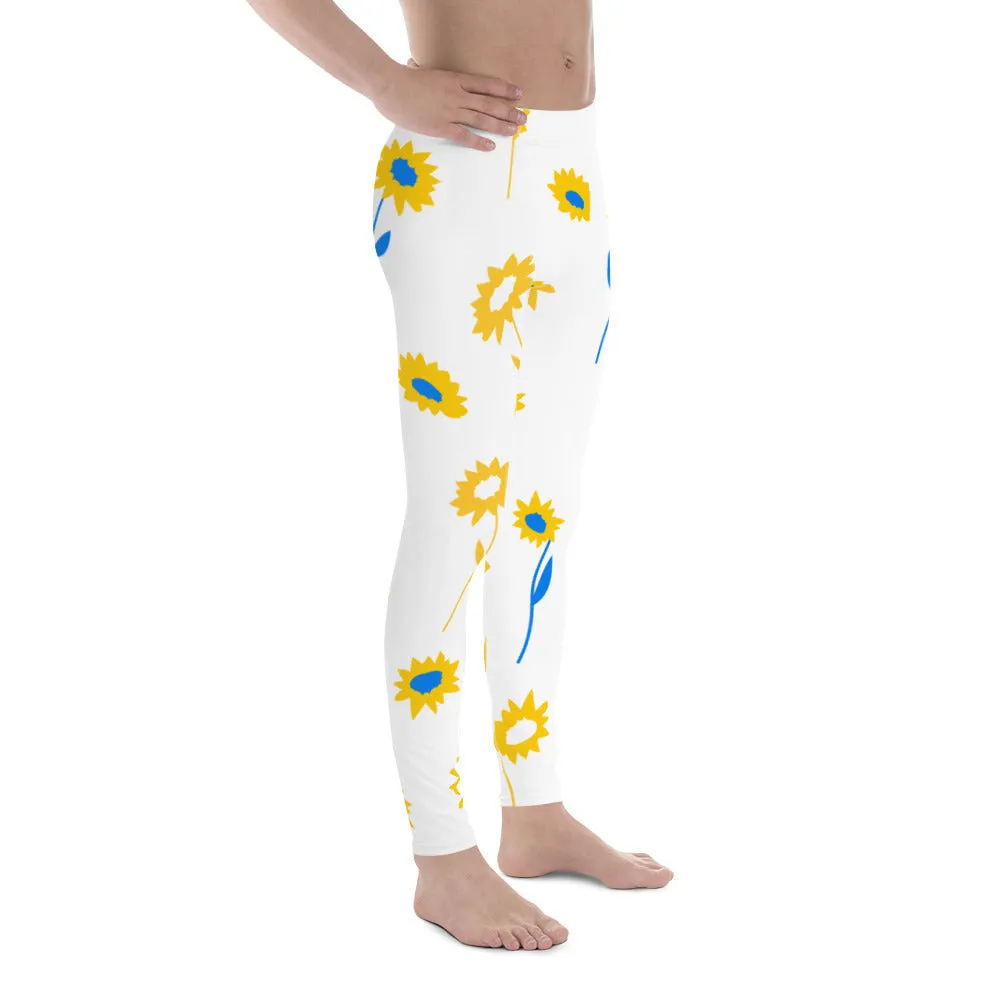 Yellow Blue Floral Men's Leggings, Flower Printed Designer Meggings Compression Tights-Made in USA/EU/MX