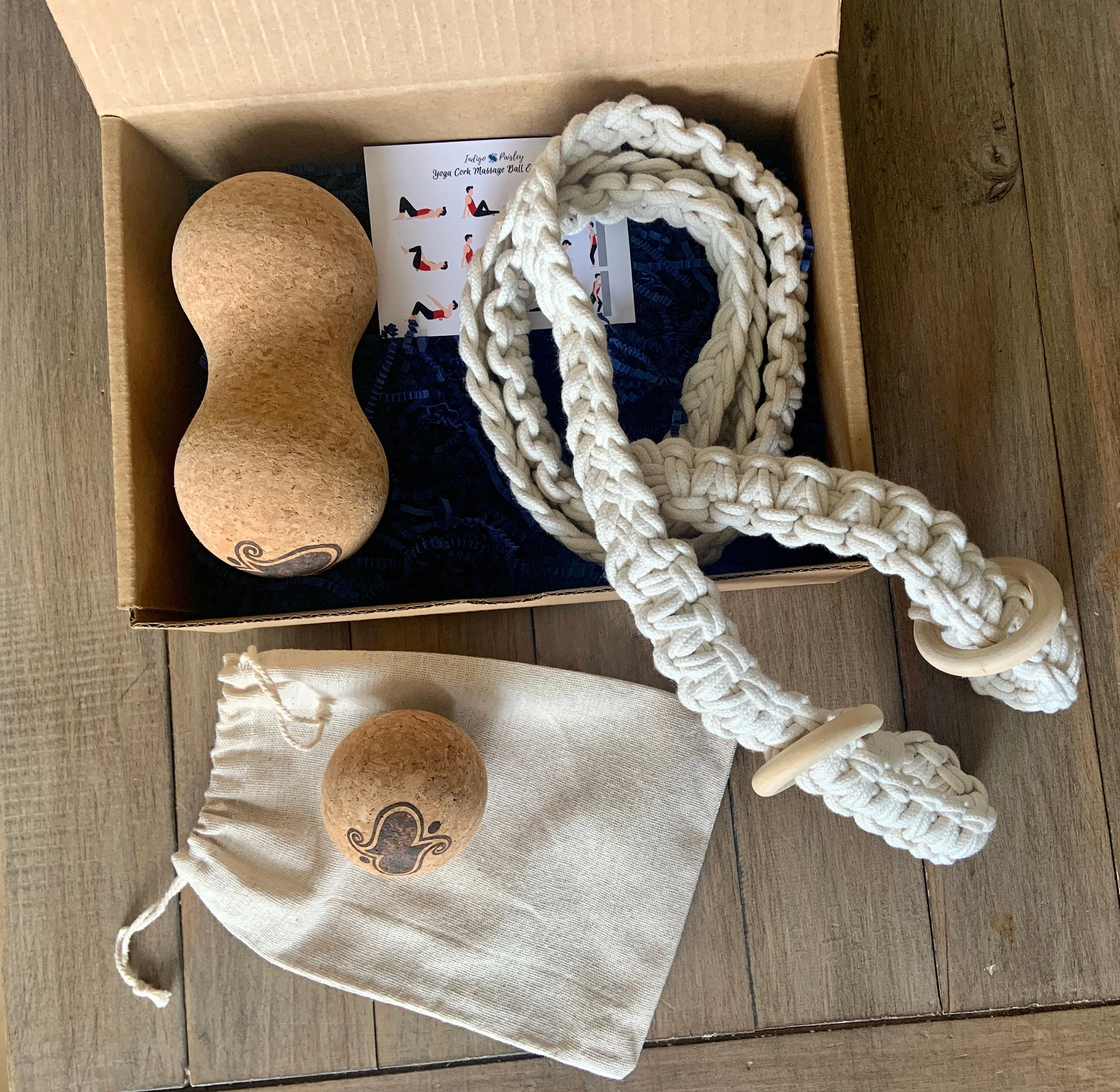 Yoga Gift Box Cork Massage Ball, Macrame Yoga Mat Holder Strap