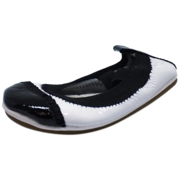 Yosi Samra Girl's Sammie White & Black Patent Leather Elastic Foldable Ballet Flats